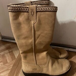 UGG Beige Leather Boots with Sun Detail